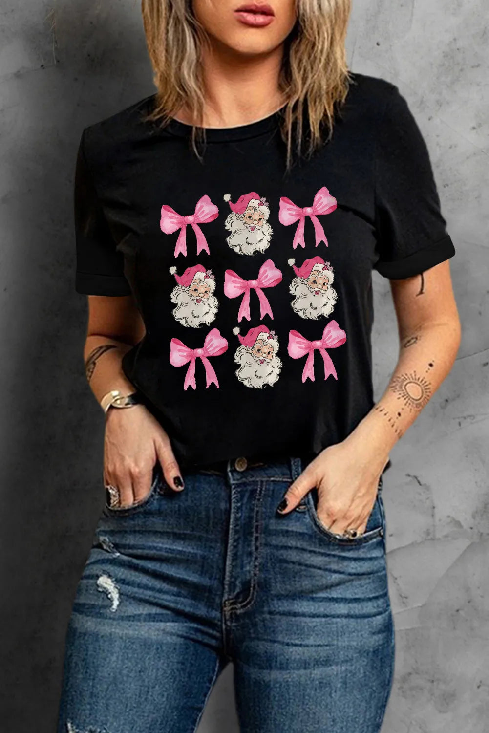 Santa & Bow Graphic Round Neck Short Sleeve T-Shirt - Lilixa.store