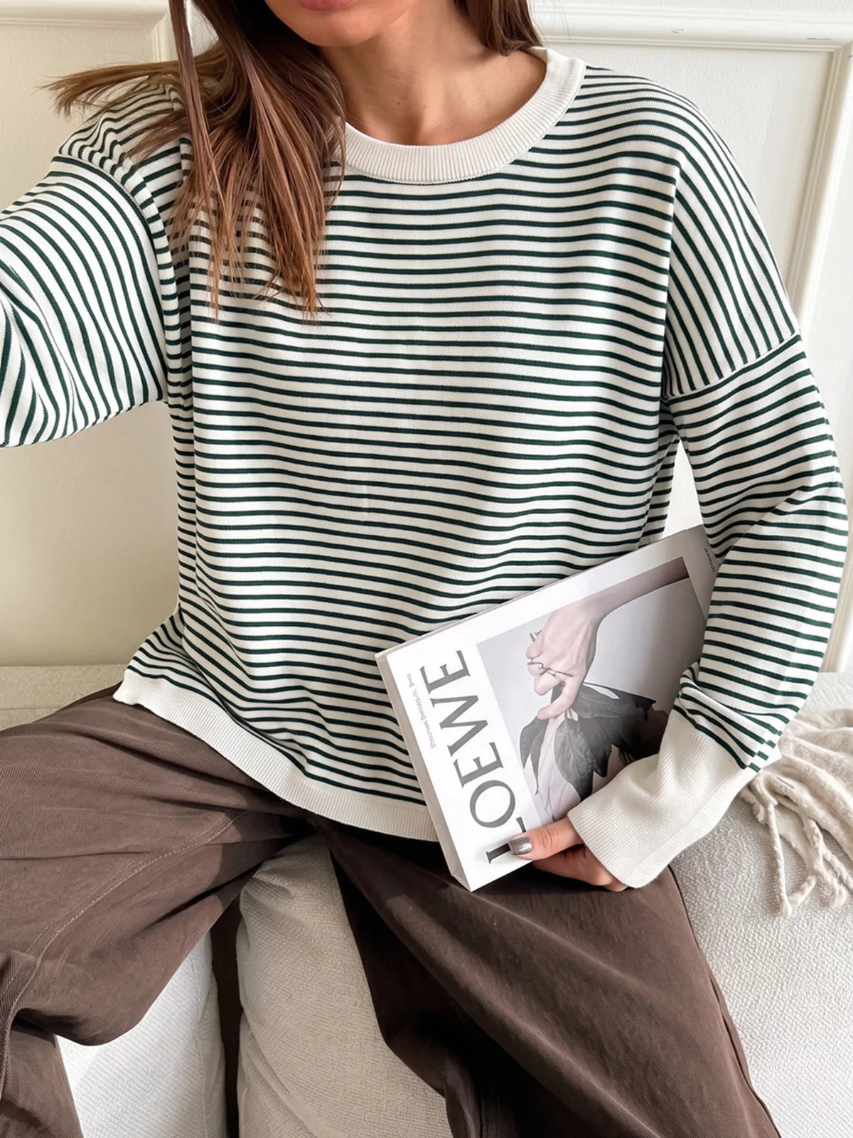 Striped Round Neck Knit Top in Green