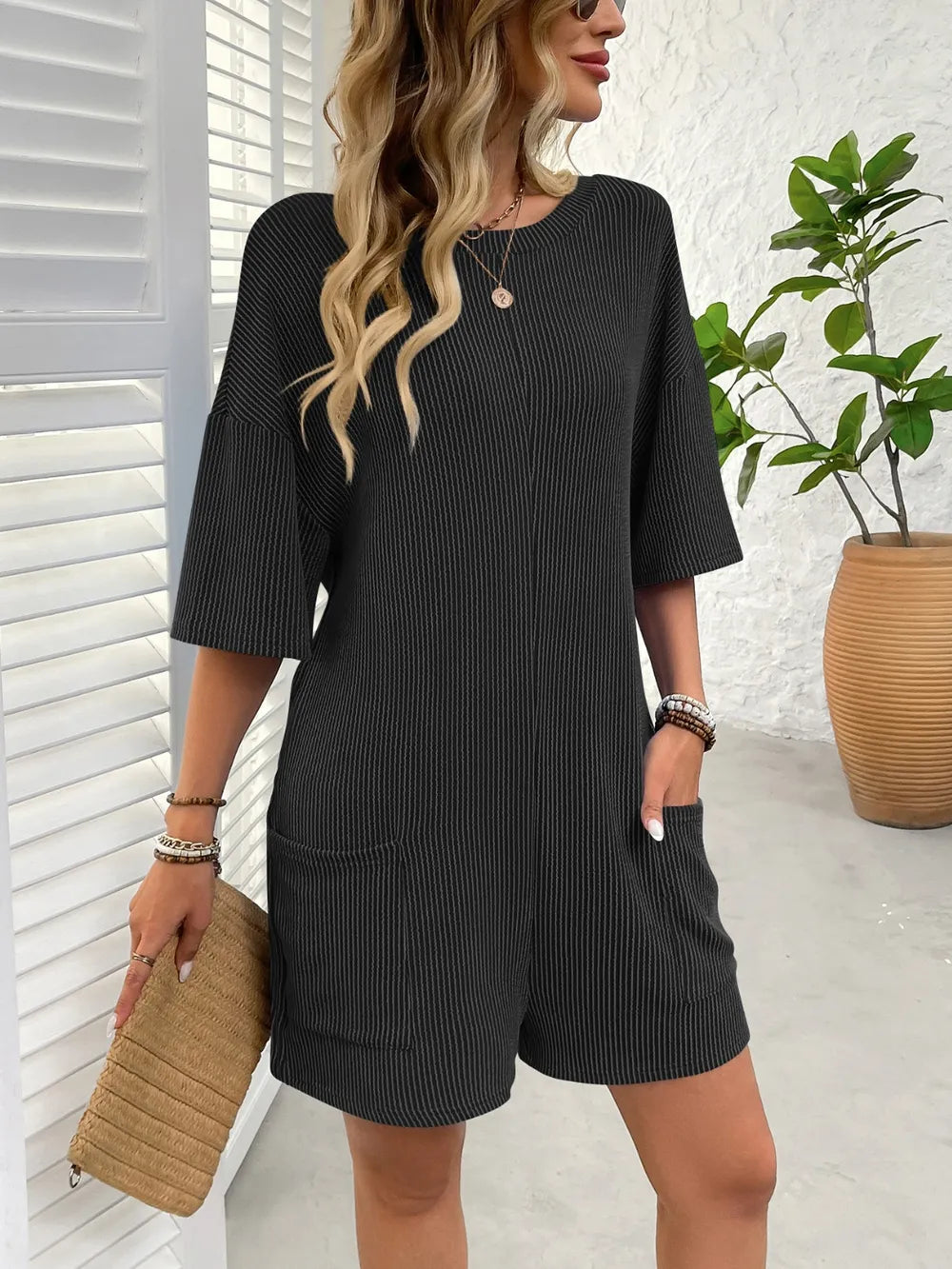 Backless Textured Round Neck Half Sleeve Romper - Lilixa.store