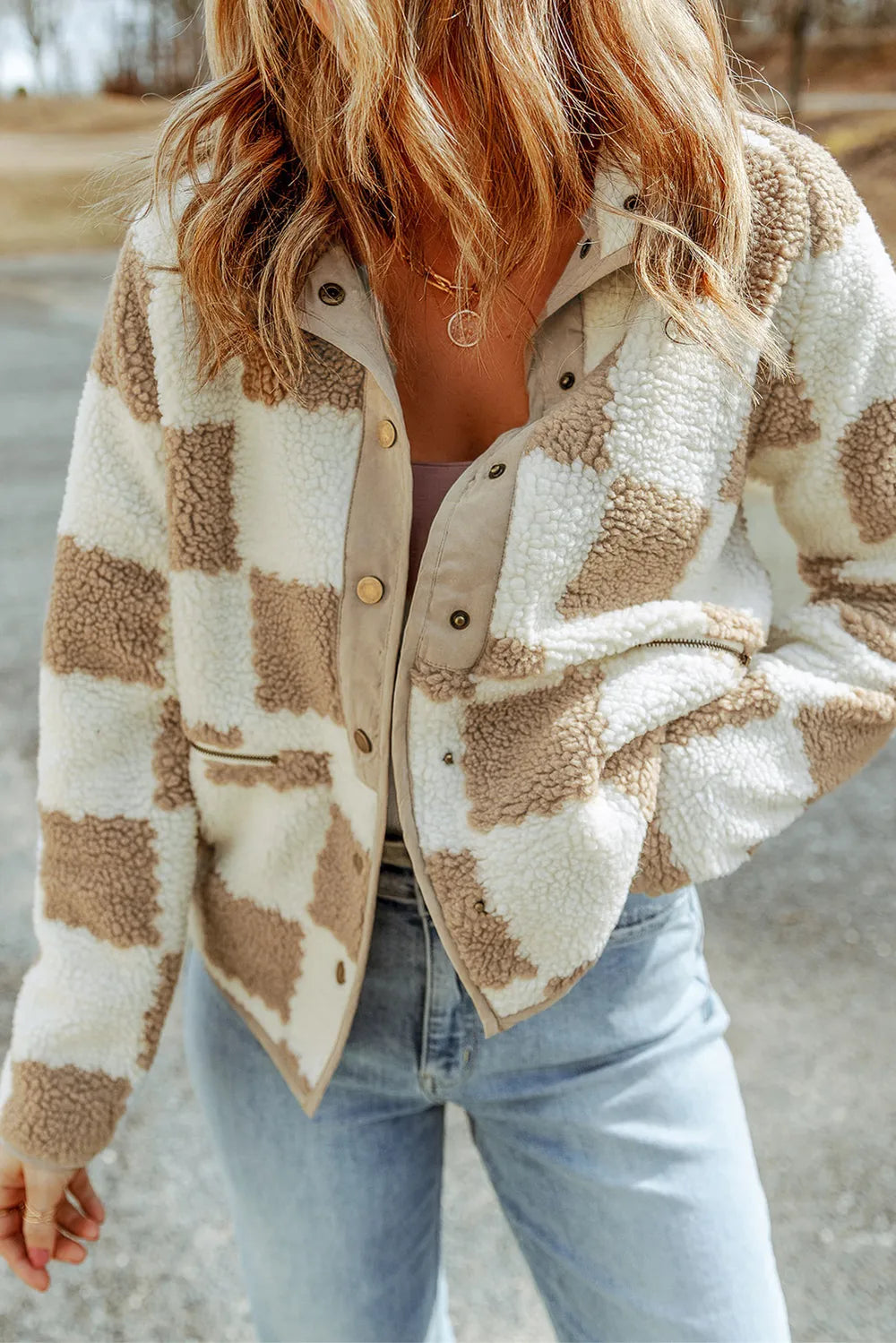 Checkered Snap Down Long Sleeve Jacket in Dust Storm