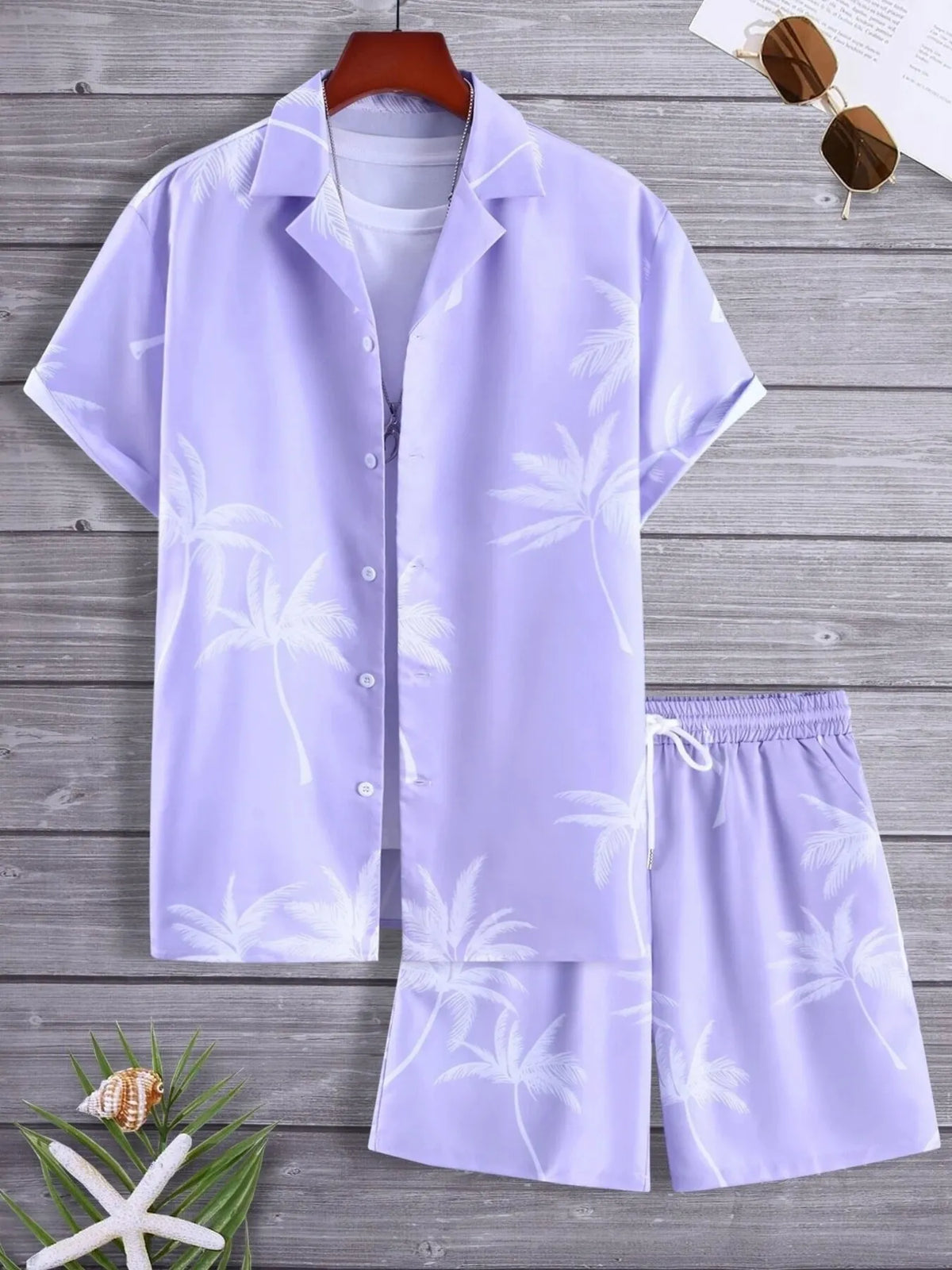 Men's Full Size Palm Print Button Up Shirt and Shorts Set Plus Size in Lavender