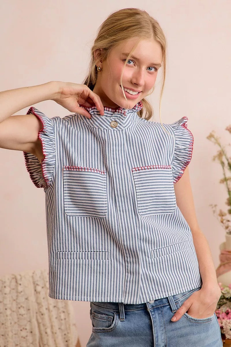 SO ME Stripe Twill Stitch Ruffled Hidden Button Vest Top - Lilixa.store