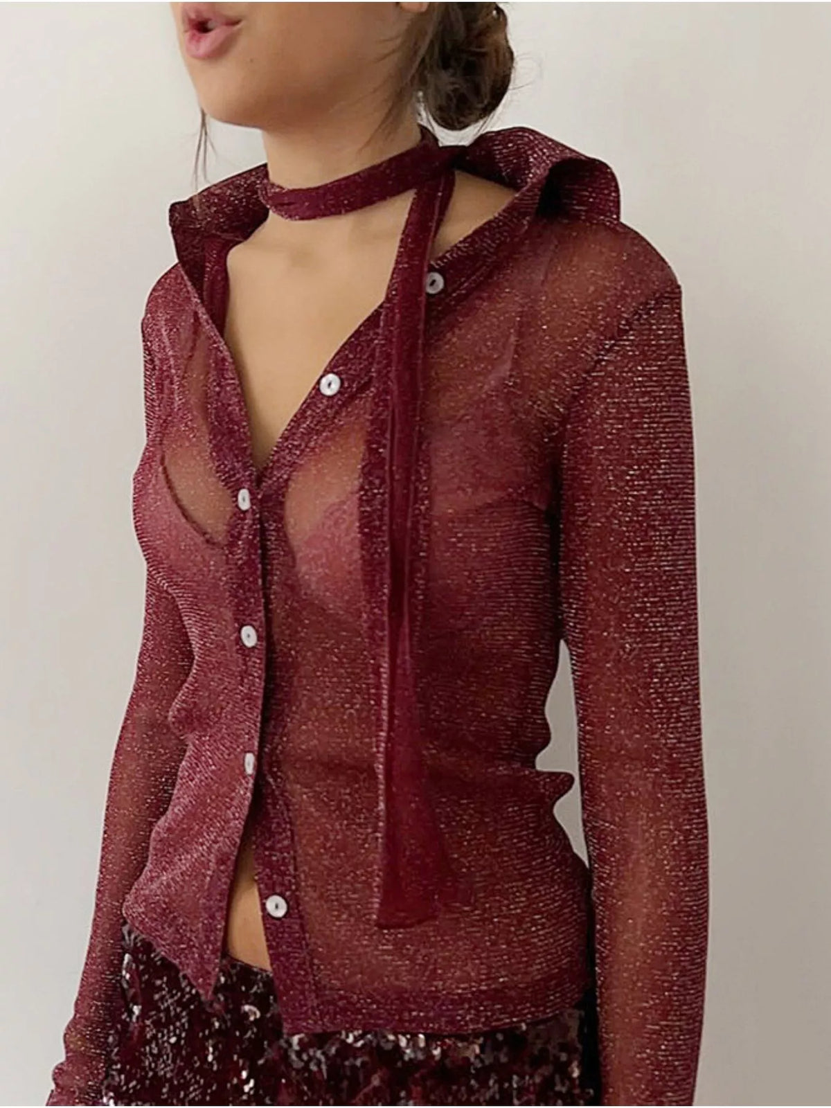 Button Down Long Sleeve Shirt with Scarf, view 3