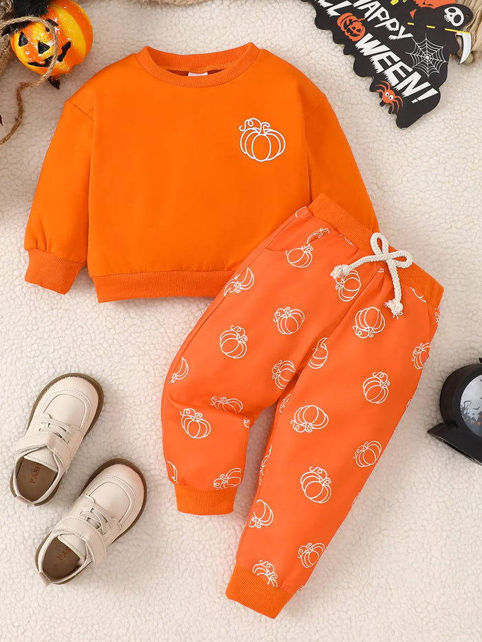 Children's Halloween Pumpkin Print Long Sleeve Sweatshirt and Pants Set - Lilixa.store