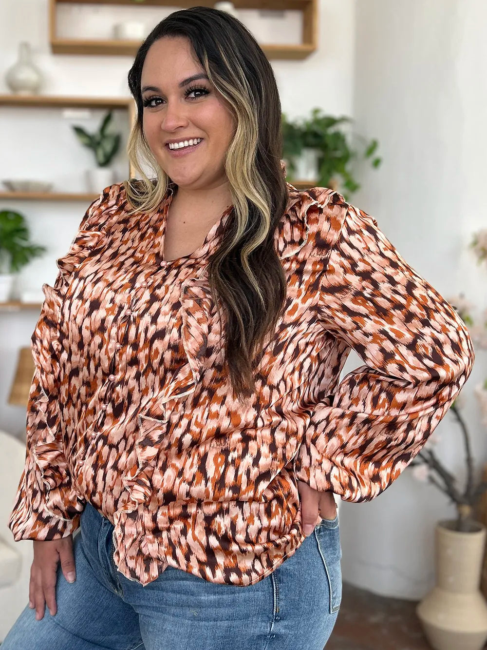 Double Take Full Size Printed Ruffle Trim Balloon Sleeve Shirt Plus Size - Lilixa.store