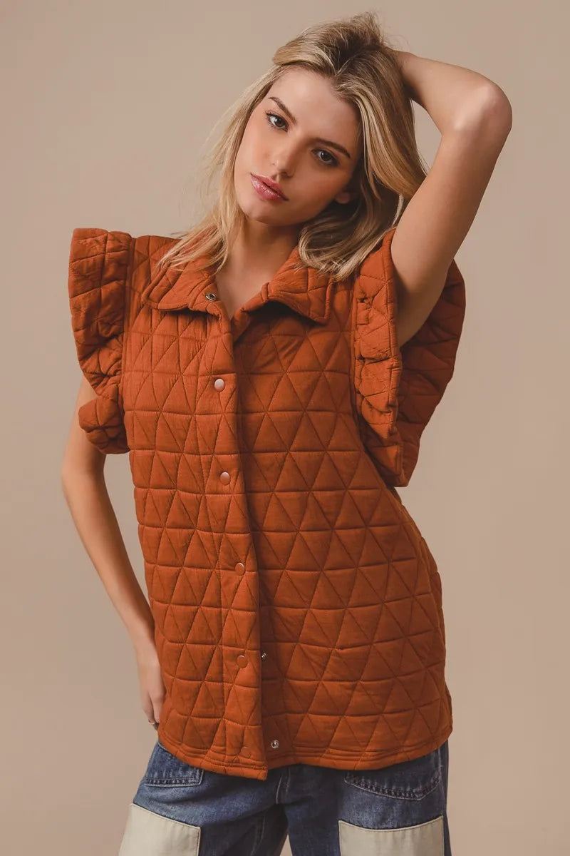 BiBi Quilting Knit Ruffle Sleeve Vest in Rust, view 4
