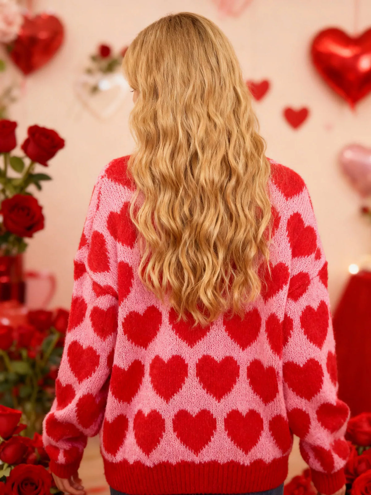 Heart Pattern Dropped Shoulder Sweater, view 5