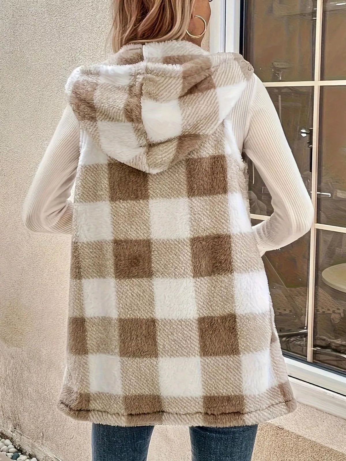 Hooded Plaid Sherpa Vest Coat - Lilixa.store