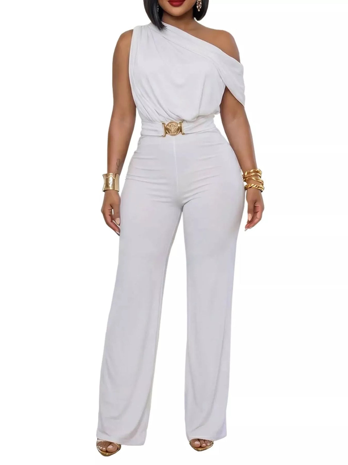 One-Shoulder Draped Wide Leg Jumpsuit - Lilixa.store