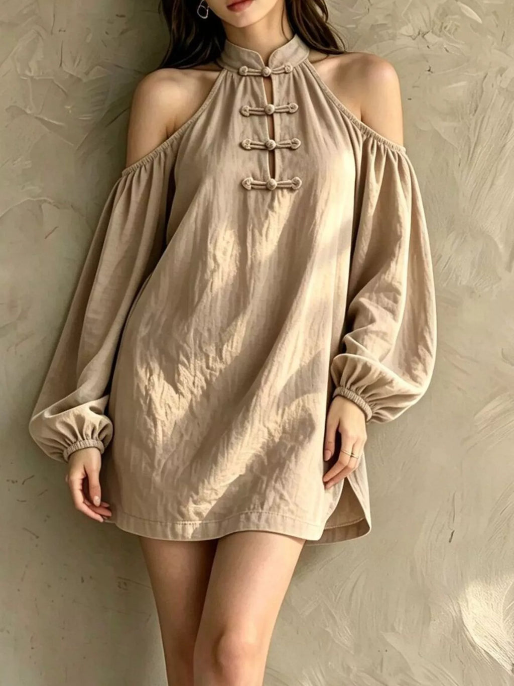 Cold-Shoulder Balloon Sleeve Mini Dress - Lilixa.store