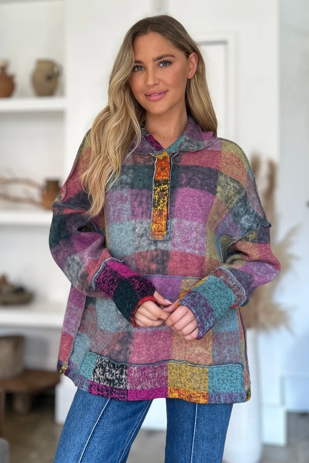 Double Take Full Size Plaid Dropped Shoulder Fleece Hoodie Plus Size - Lilixa.store