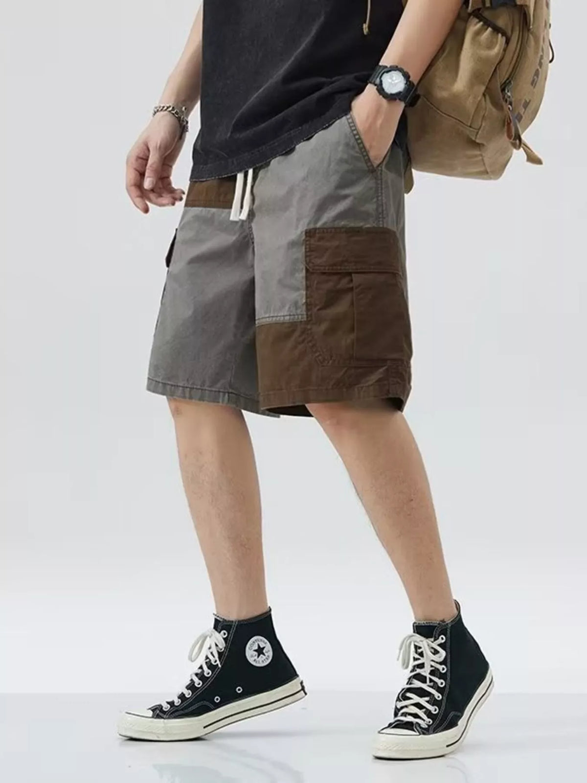 Men's Plus Size Two-Tone Cargo Shorts with Drawstring in Gray, view 2