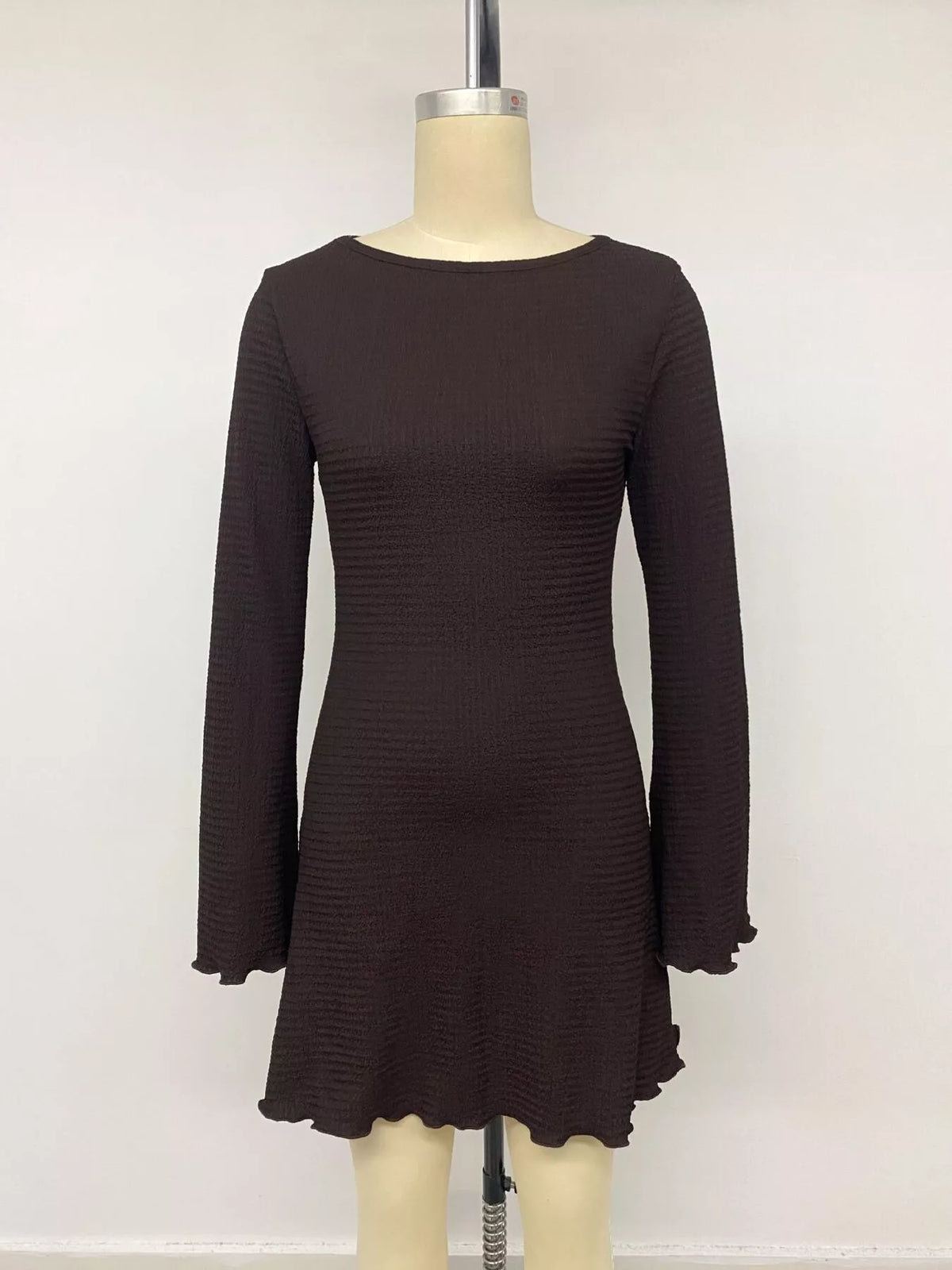 Long-Sleeve Waffle Knit Bodycon Mini Dress in Coffee Brown, view 11