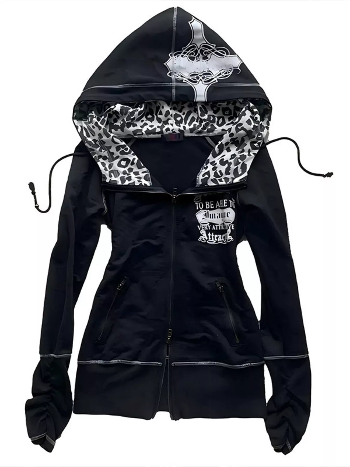 Gothic Cross Leopard Lined Zip-Up Hoodie - Lilixa.store