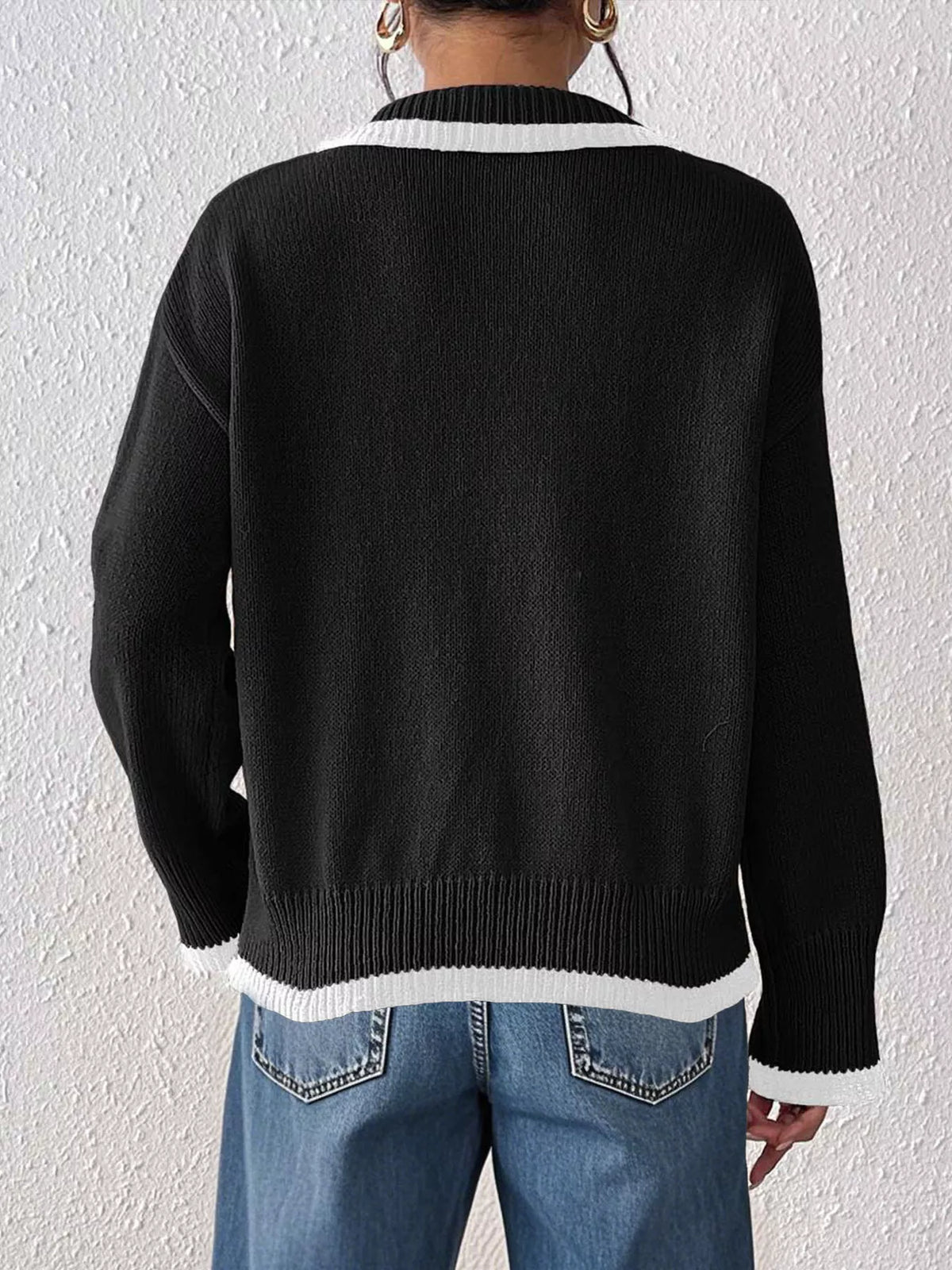 Contrast Trim Polo Collar Sweater - Lilixa.store