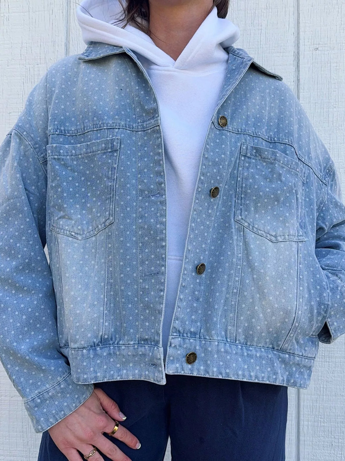 Polka Dot Long Sleeve Collar Pocket Casual Shift Silhouette Denim Jacket in Light Blue
