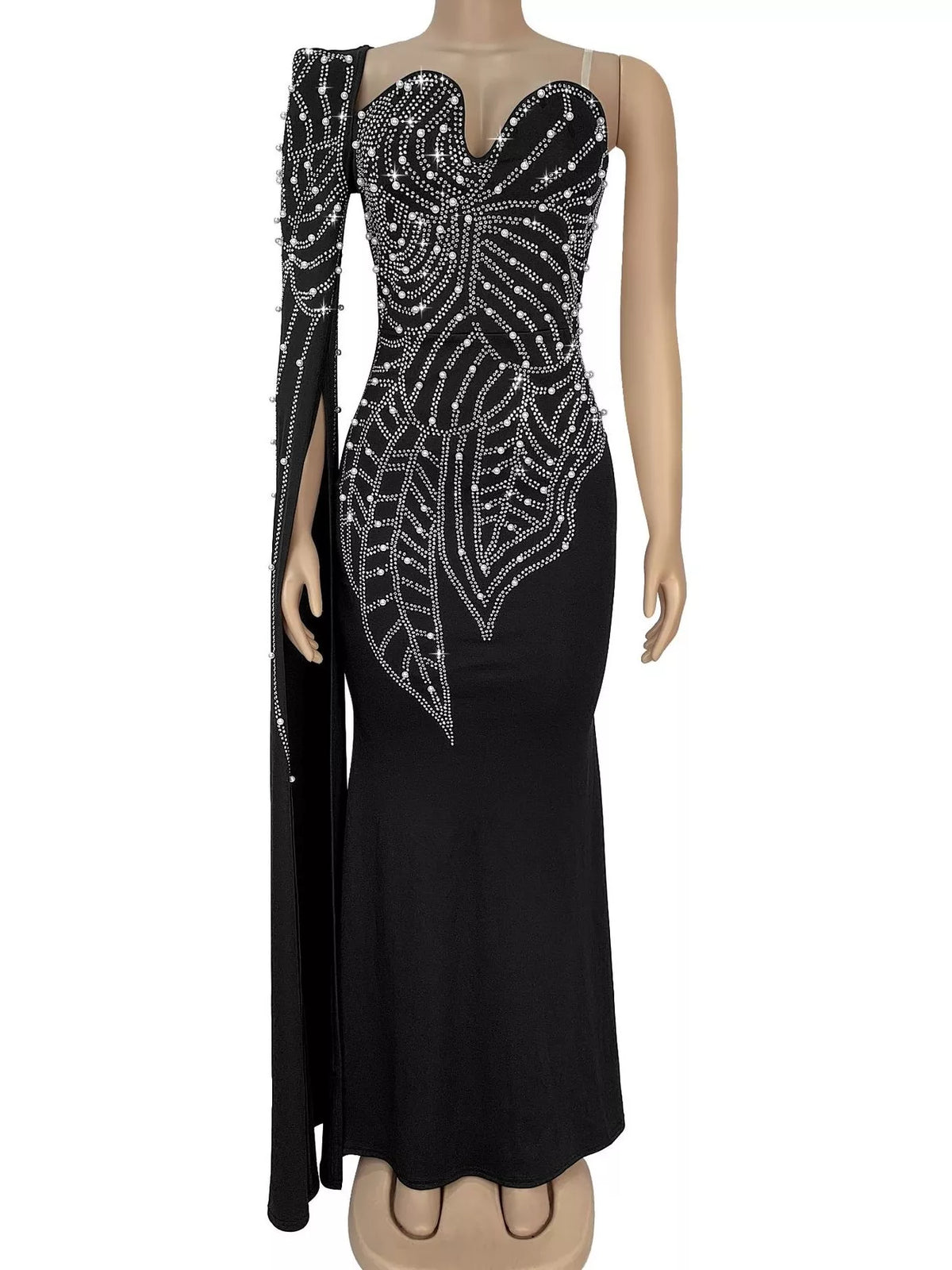 Rhinestone Pearl Detail One-Shoulder Mermaid Maxi Dress - Lilixa.store