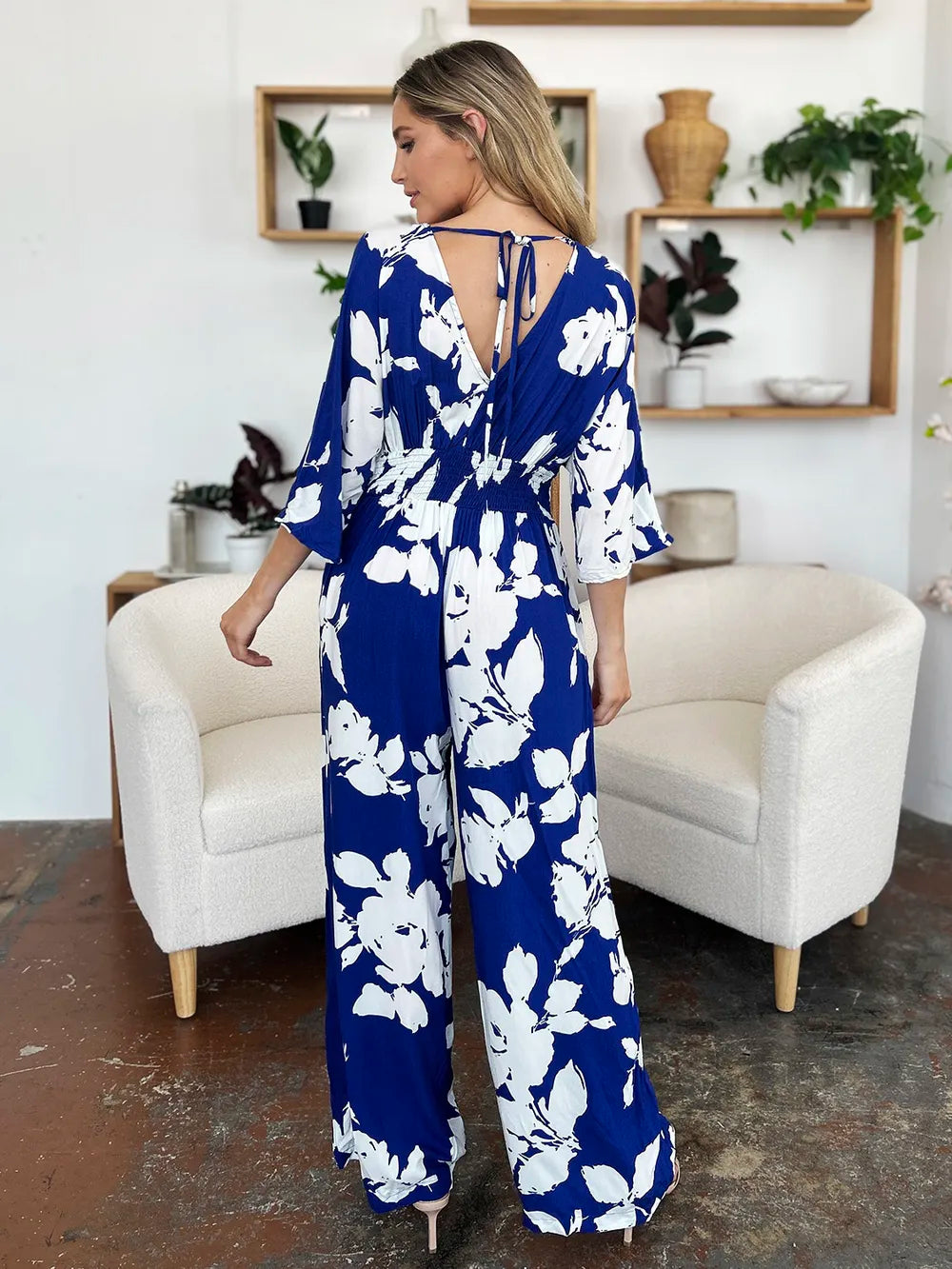 Double Take Full Size Printed Tie Back Wide Leg Jumpsuit - Lilixa.store