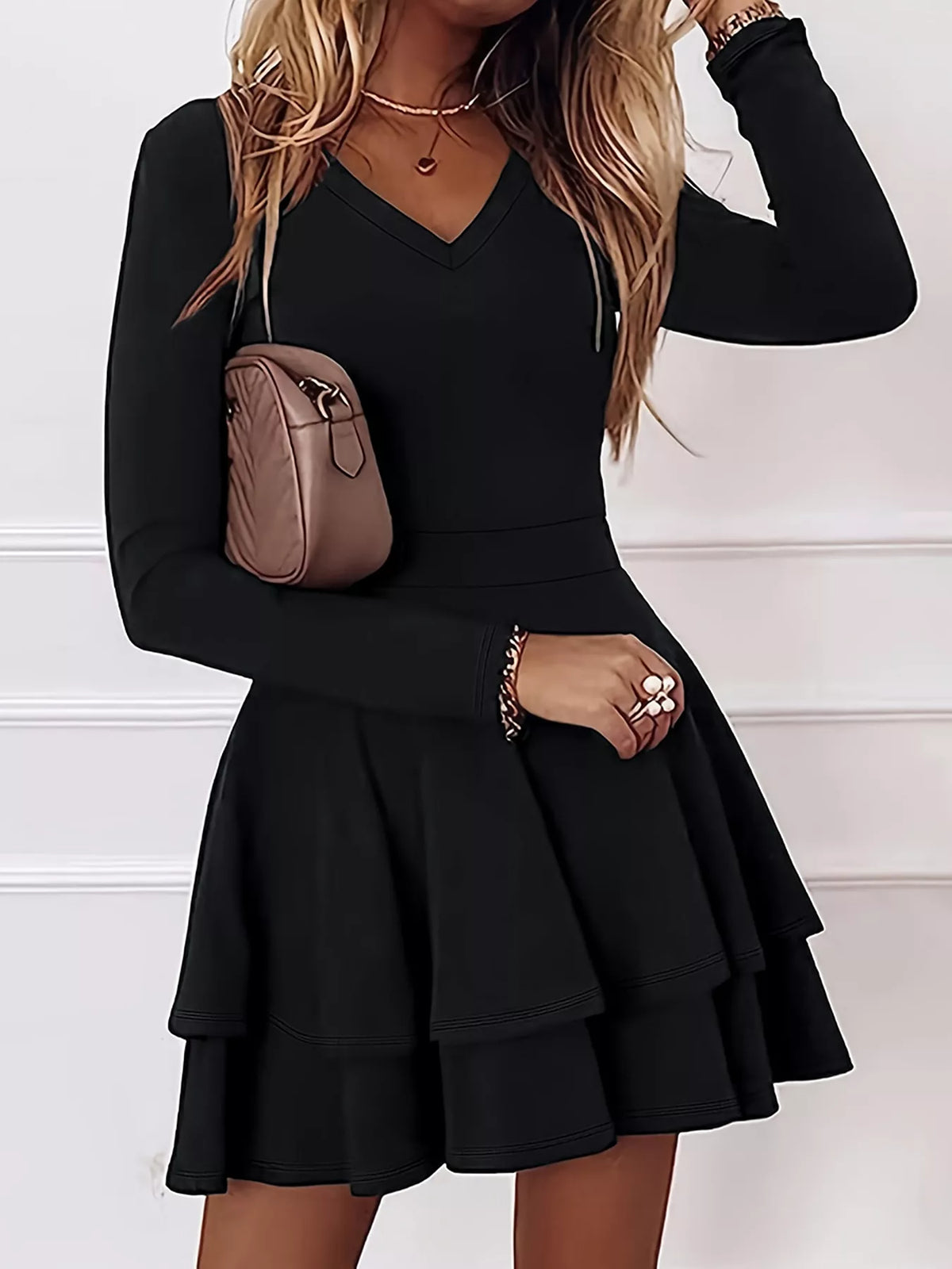 V-Neck Long Sleeve Layered Ruffle Mini Dress - Lilixa.store