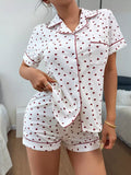 Heart Print Button-Down Short Sleeve Top and Shorts Lounge Set - Lilixa.store