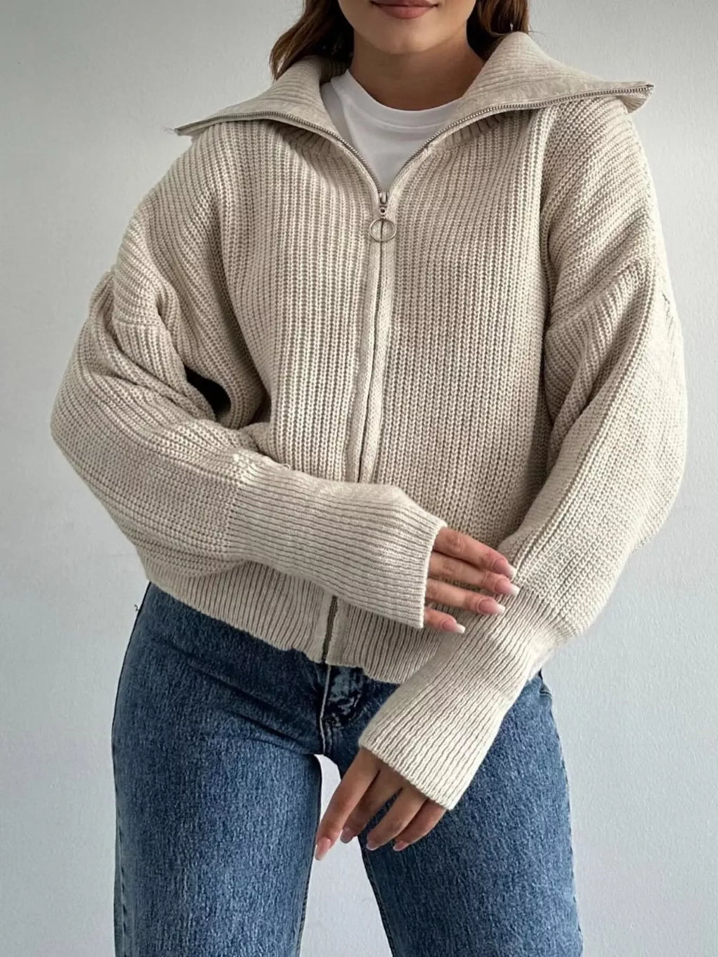 Zip Up Dropped Shoulder Cardigan - Lilixa.store