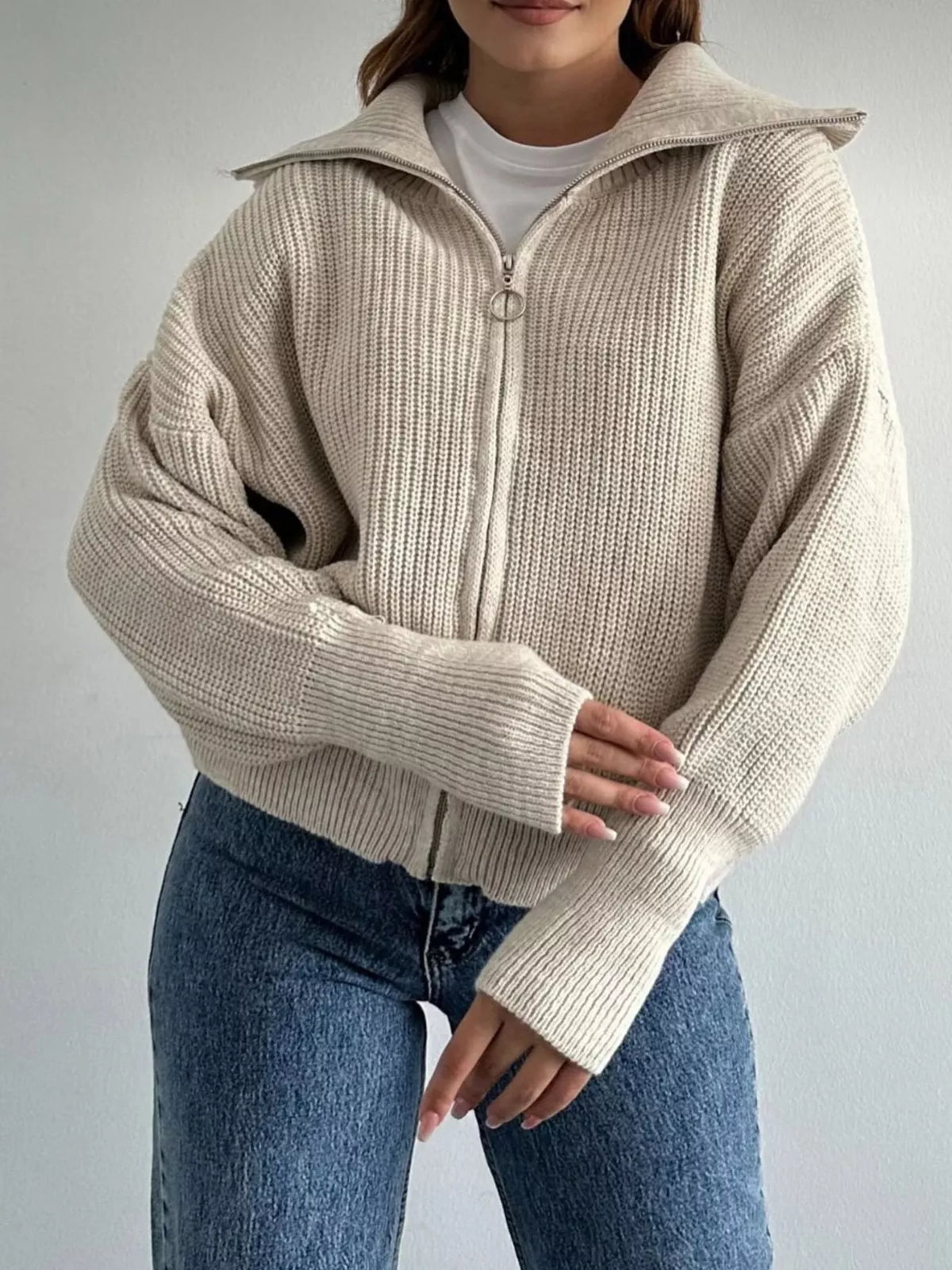 Zip Up Dropped Shoulder Cardigan - Lilixa.store