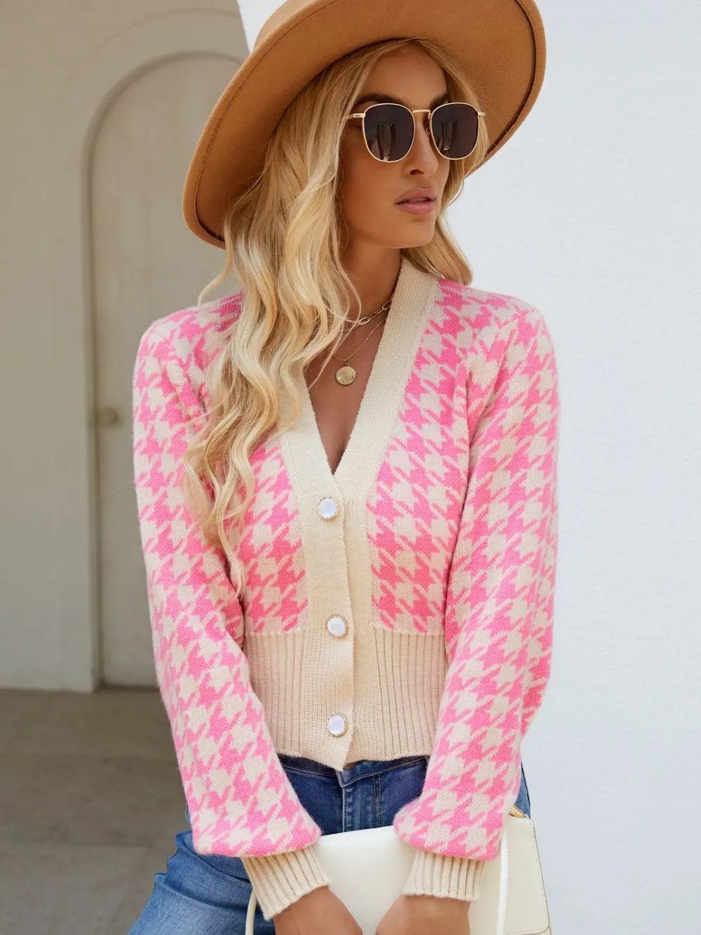 Houndstooth Button Up Long Sleeve Cardigan - Lilixa.store