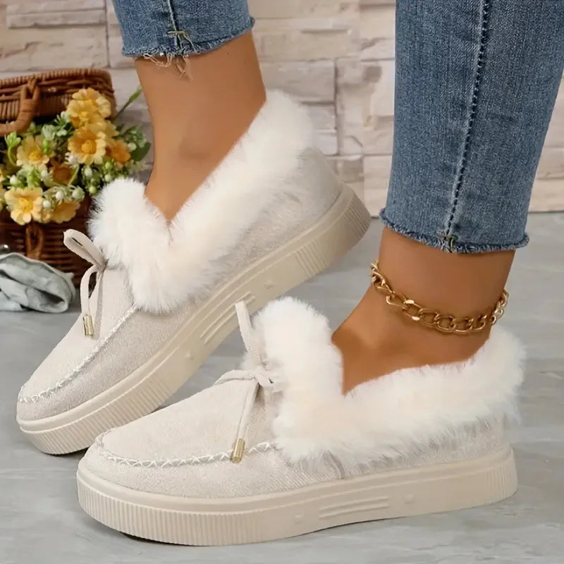 Bow Furry Round Toe Flat Slip-Ons, view 2