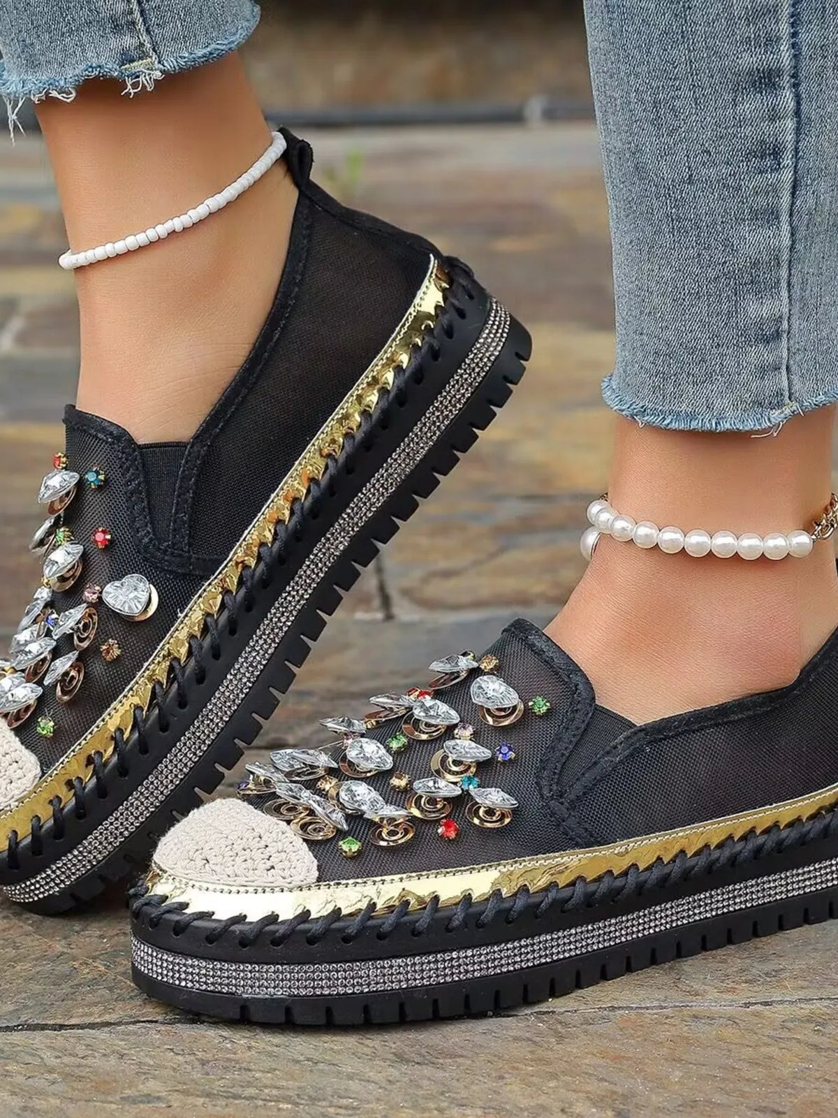 Rhinestone Embellished Platform Loafers