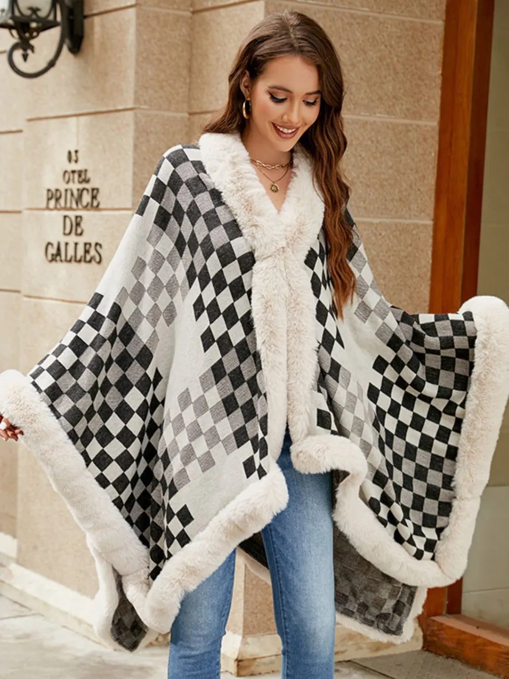 Fuzzy Checkered Long Sleeve Poncho - Lilixa.store