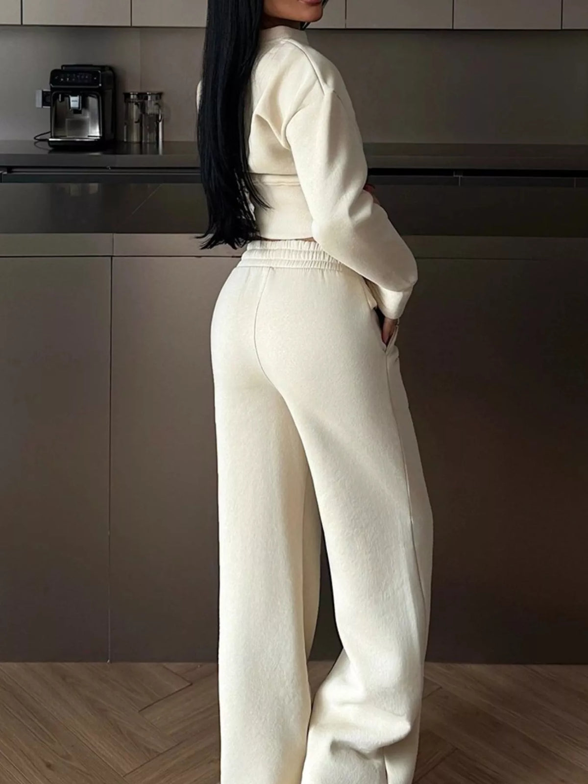 Zip-Up Crop Jacket and Wide-Leg Pants Set - Lilixa.store