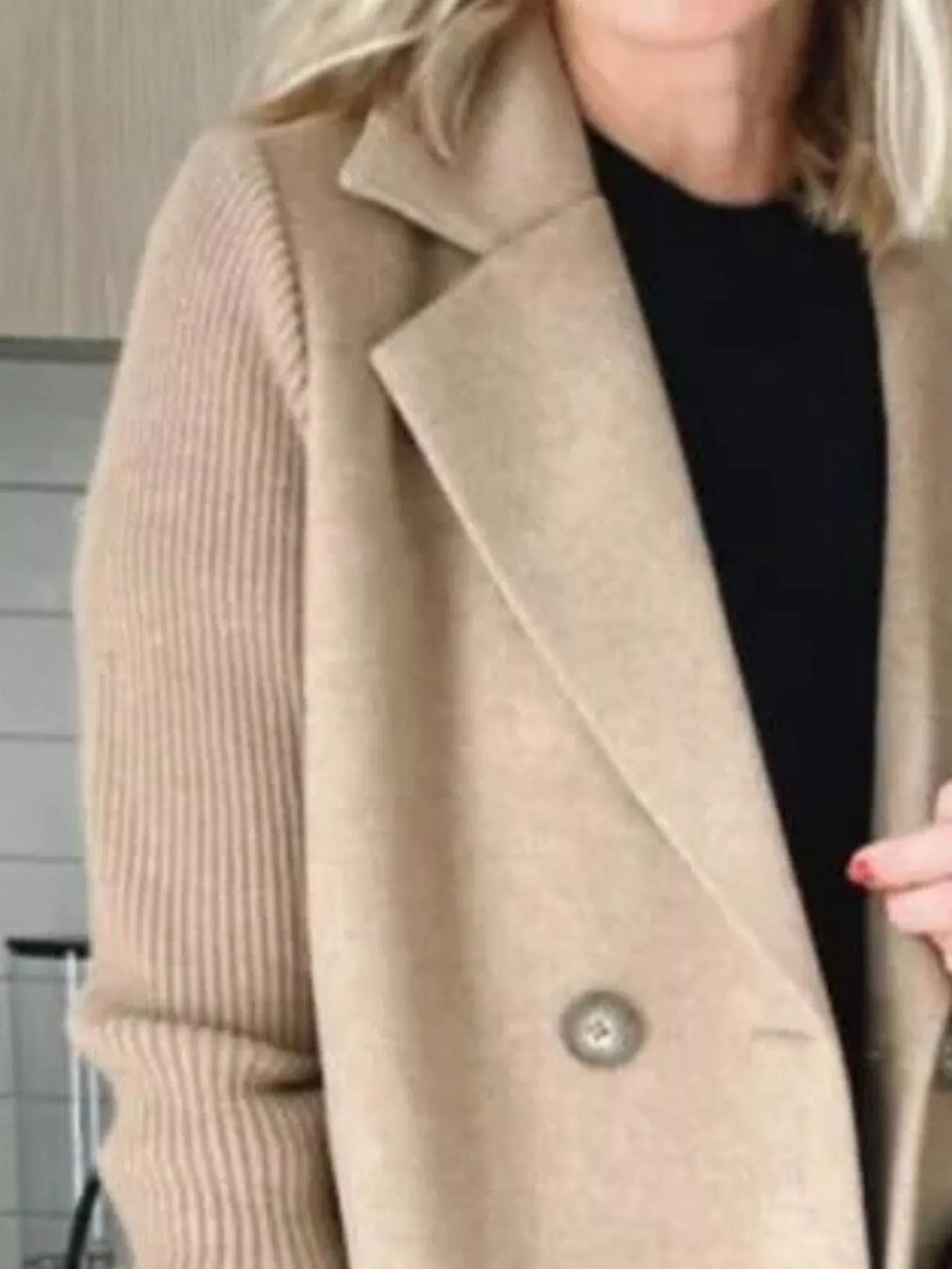 Full Size Knitted Sleeve Wool Blend Double-Breasted Blazer Plus Size - Lilixa.store