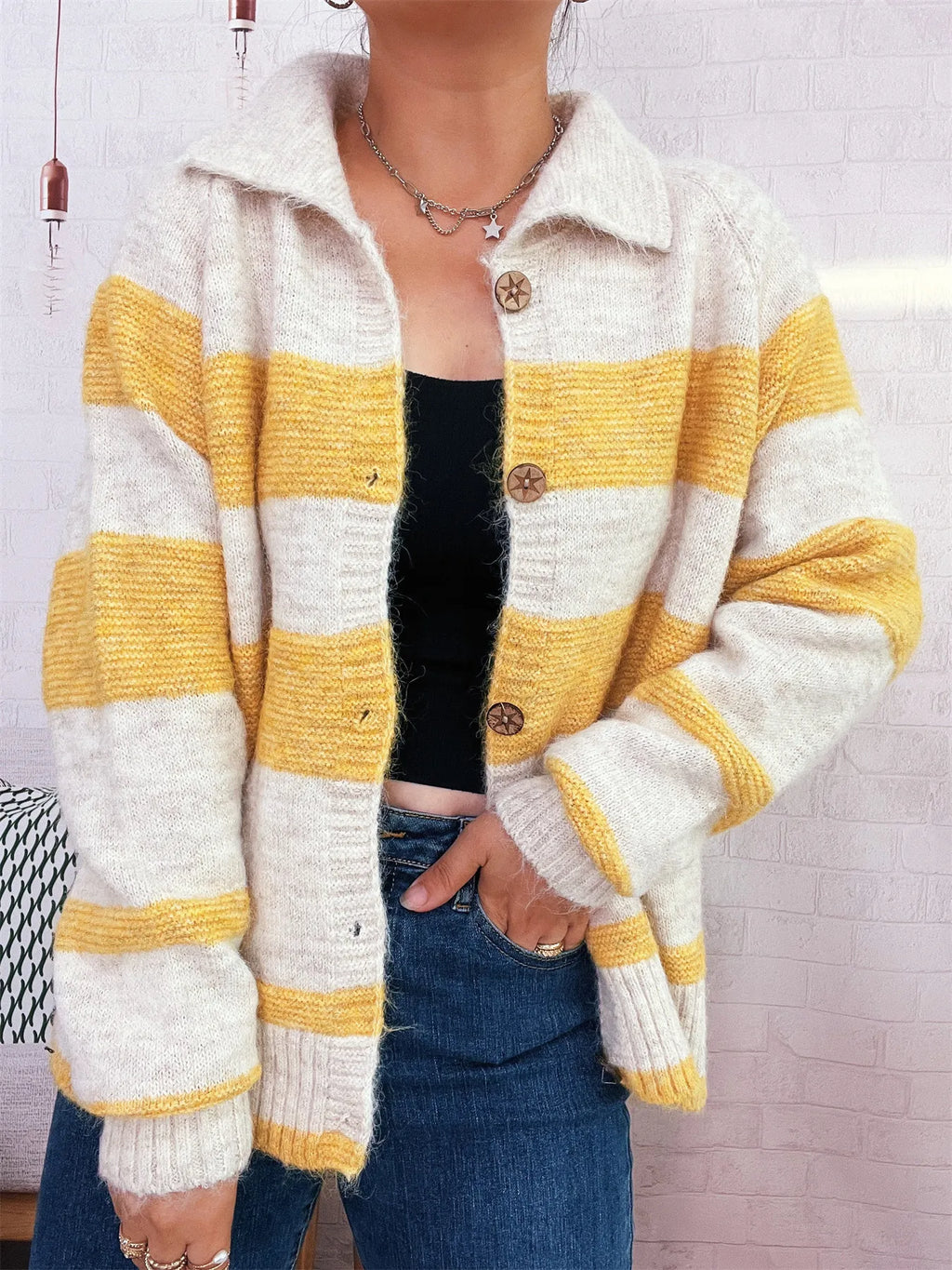 Striped Button-Up Cozy Cardigan - Lilixa.store