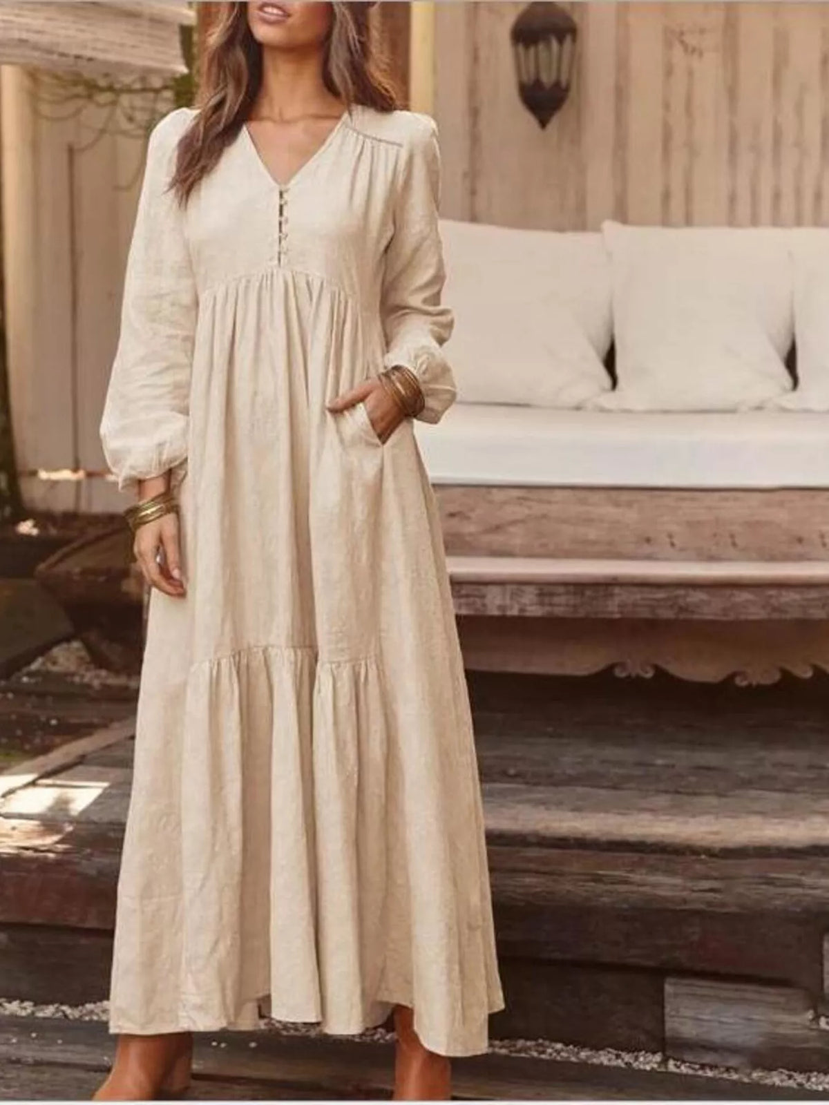 Full Size V-Neck Long Sleeve Tiered Maxi Dress with Pockets Plus Size - Lilixa.store