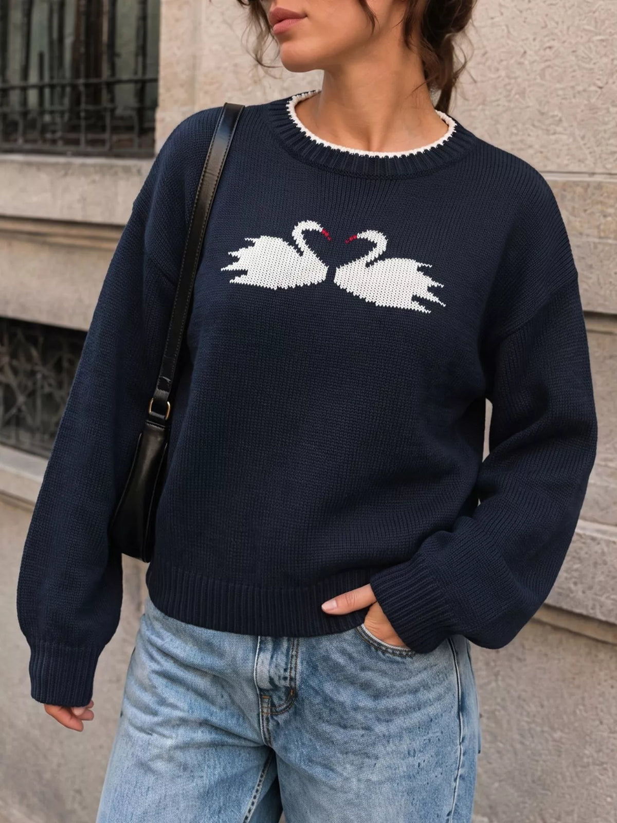 Swan Dropped Shoulder Sweater in Navy