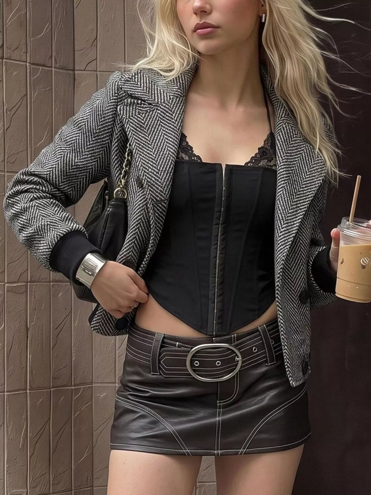 Herringbone Double-Breasted Cropped Outerwear - Lilixa.store