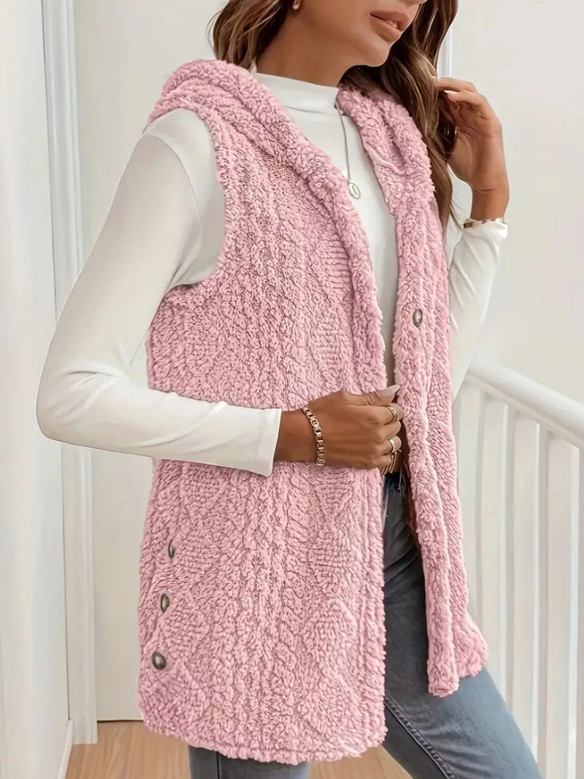Button-Down Sherpa Hooded Vest Coat - Lilixa.store