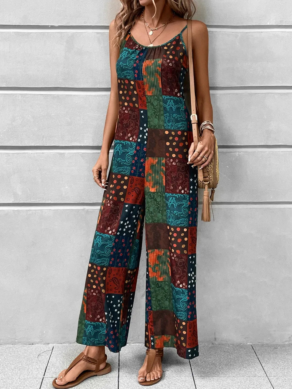 Printed Scoop Neck Spaghetti Strap Jumpsuit - Lilixa.store