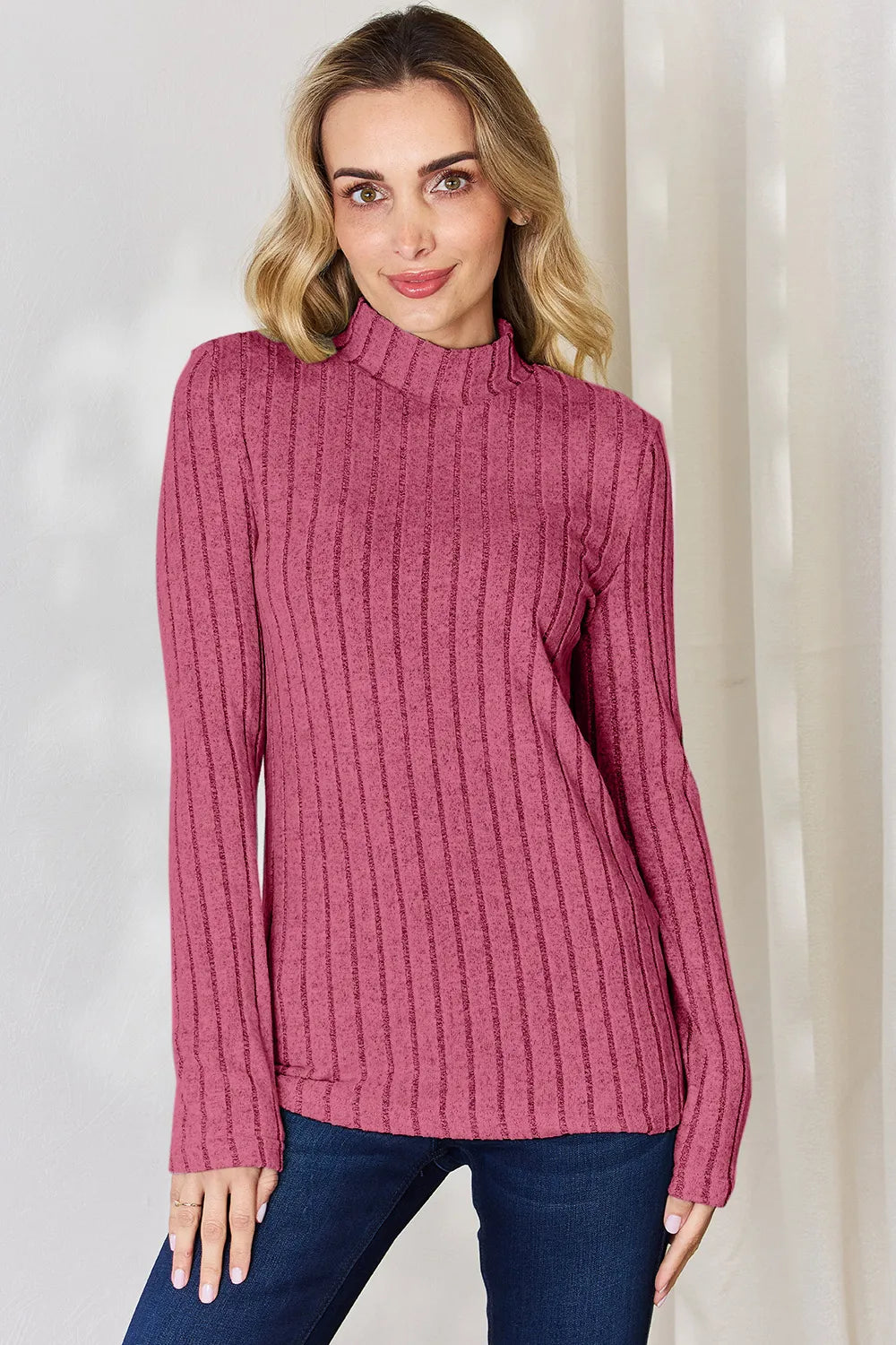 Basic Bae Full Size Ribbed Mock Neck Long Sleeve T-Shirt - Lilixa.store