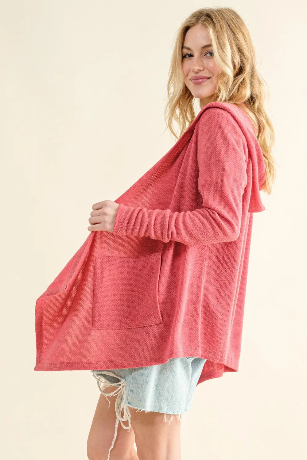 And The Why Full Size Thermal Hooded Open Front Cardigan with Pockets in Rose Pink, view 3