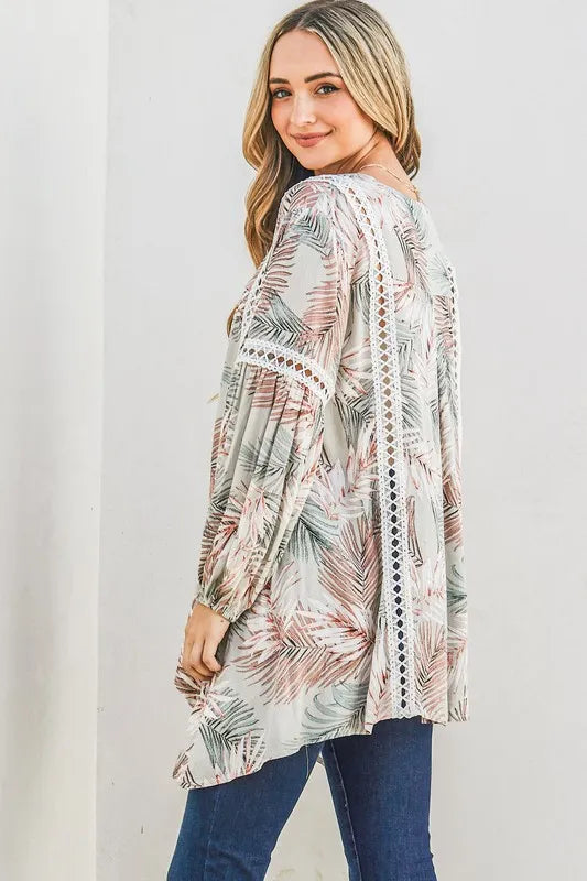 And The Why Printed with Lace Trim Casual Tunic Top in Sage, view 3