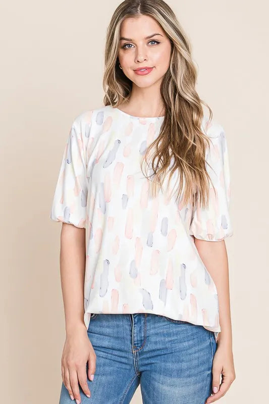 BOMBOM Round Neck Puff Short Sleeve Blouse - Lilixa.store
