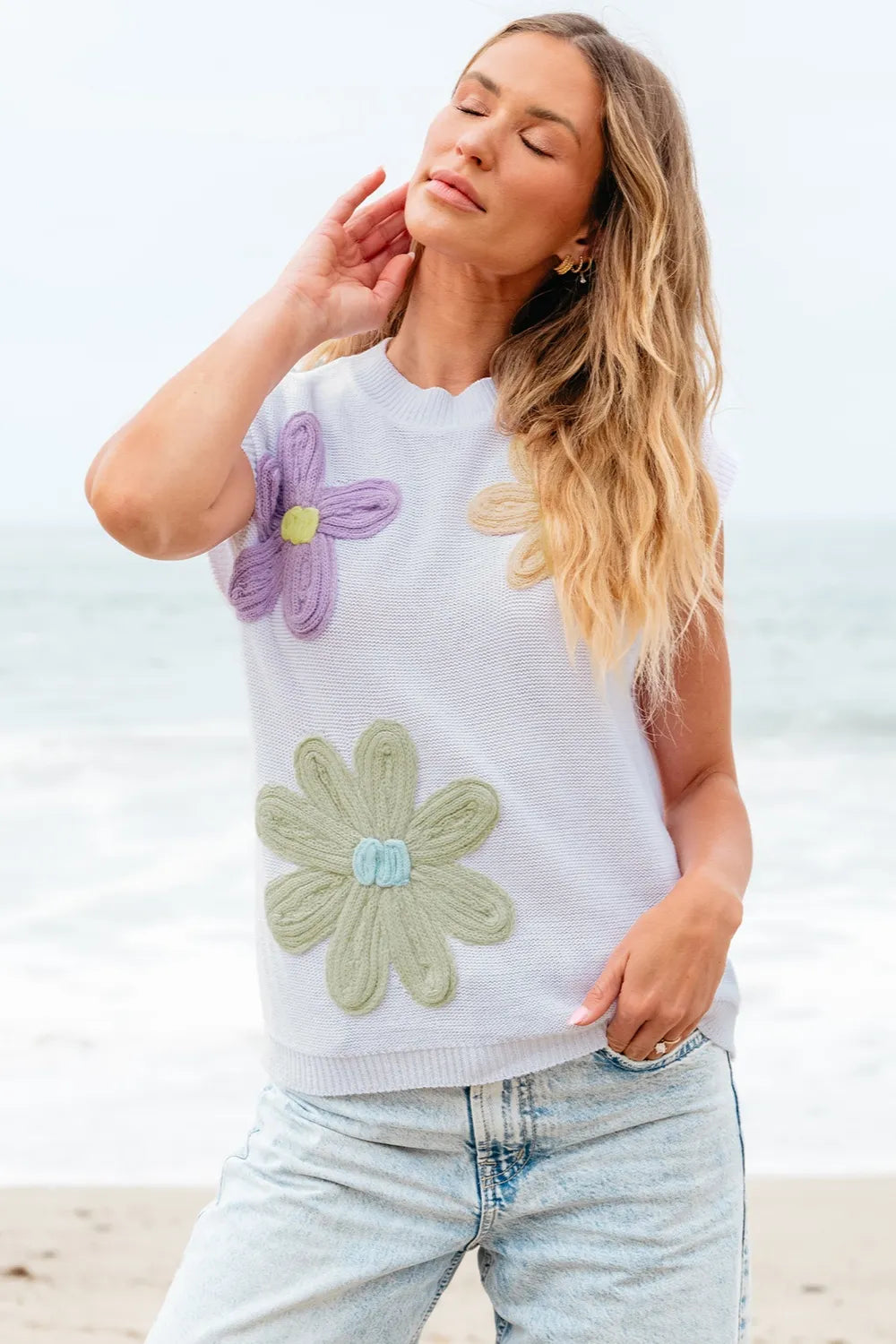 Crochet Flower Round Neck Sweater Vest, view 2
