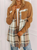 Plaid Collared Neck Long Sleeve Jacket - Lilixa.store