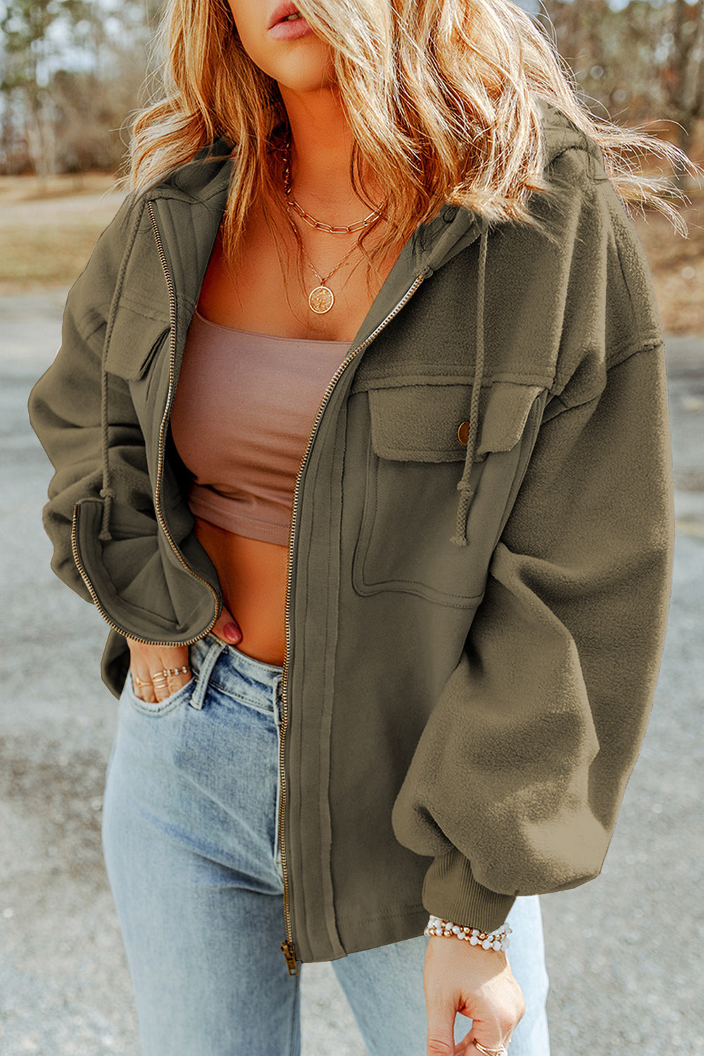 Zip-Up Drawstring Hooded Jacket in Matcha Green