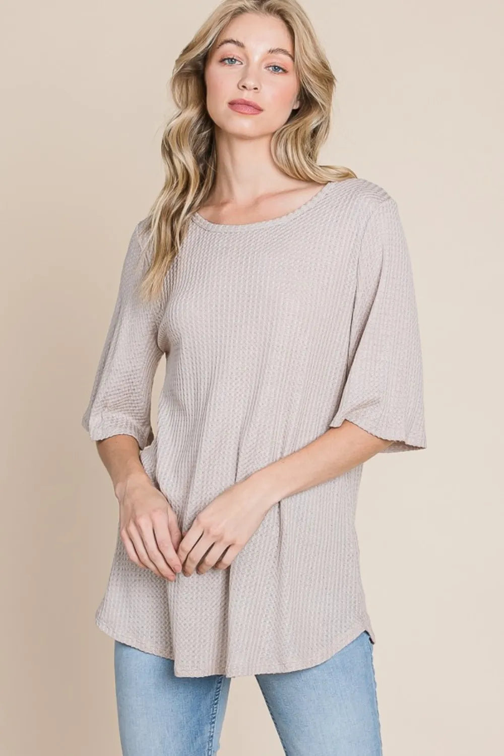 BOMBOM Round Neck Waffle Knit T-Shirt - Lilixa.store