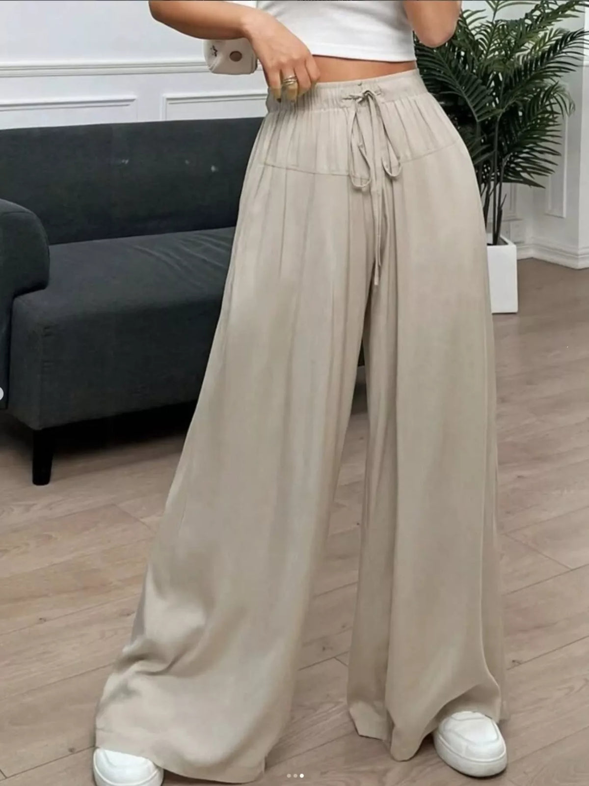 Wide-Leg Drawstring Casual Pants in Apricot