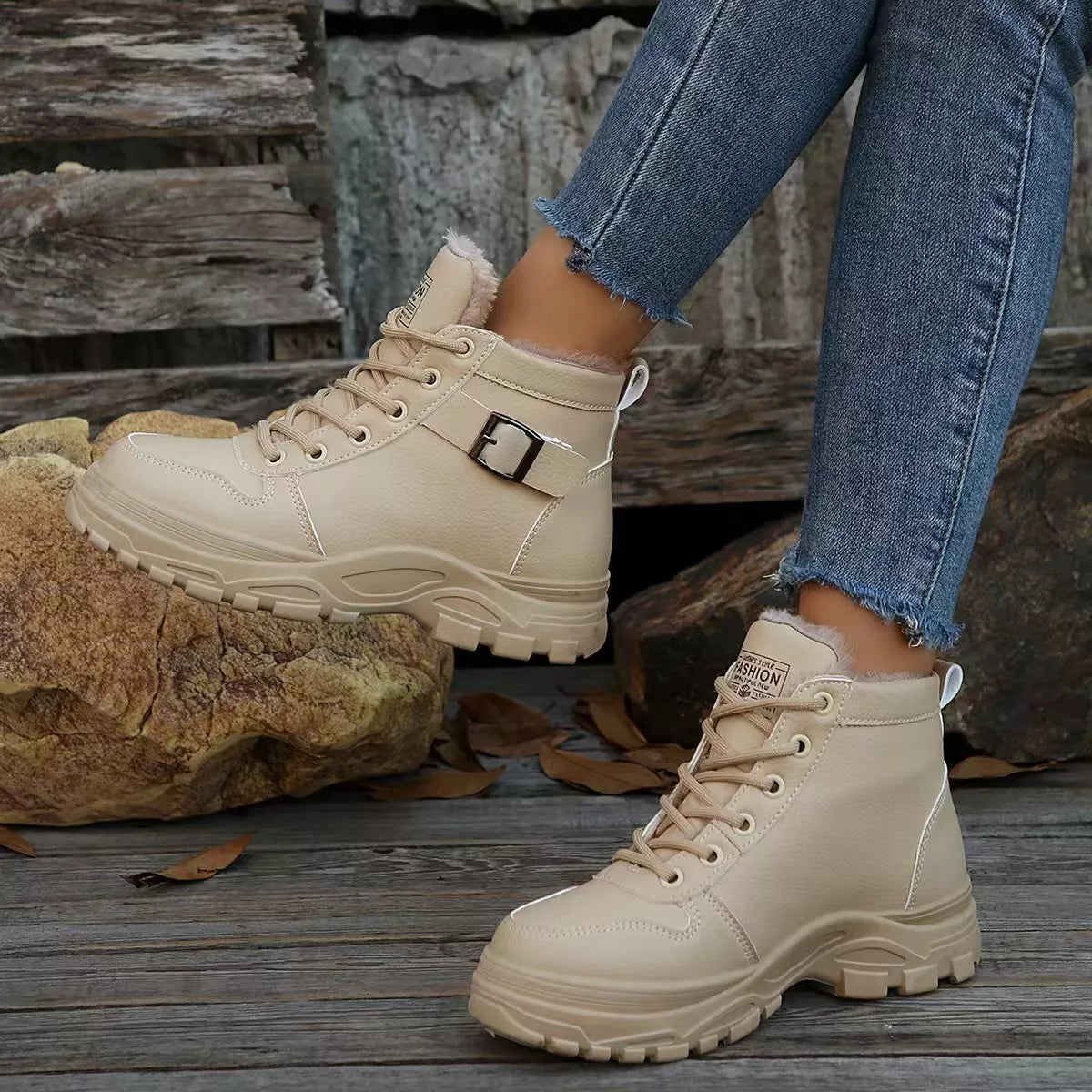 Lace-Up Ankle Boots with Buckle Detail