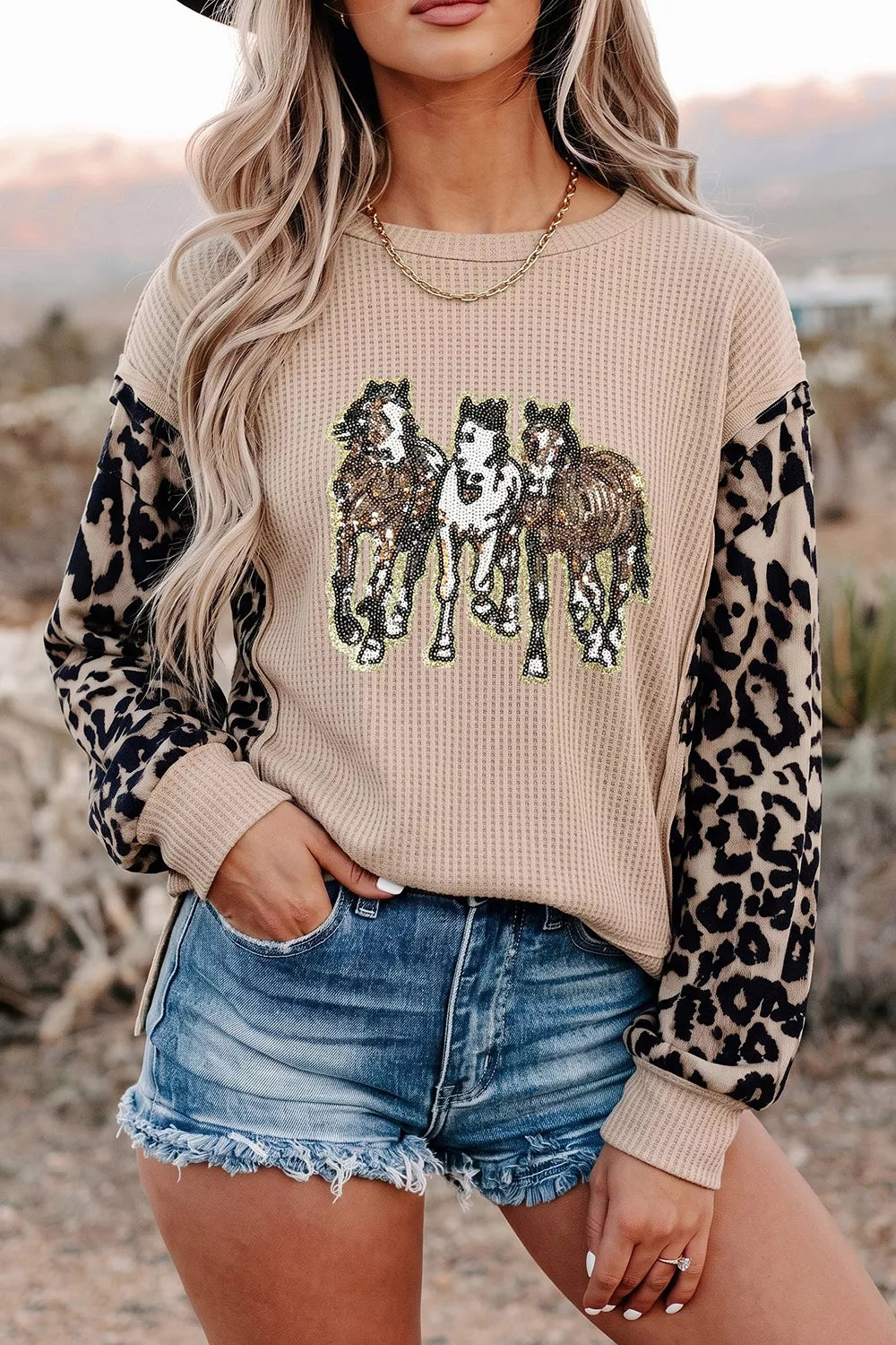 Sequined Western Horse Graphic Leopard Sleeve Patchwork Waffle Knit Top in Khaki, view 4