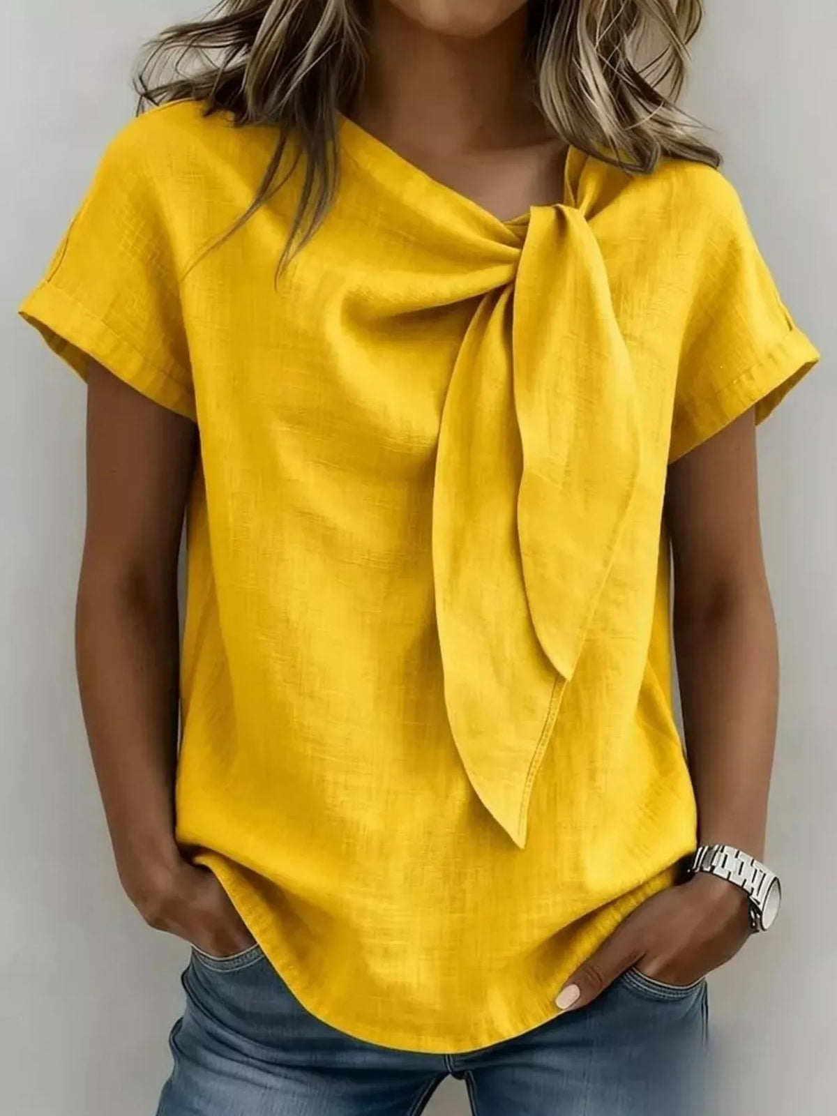 Full Size Bow Tie Neck Short Sleeve Blouse Plus Size - Lilixa.store